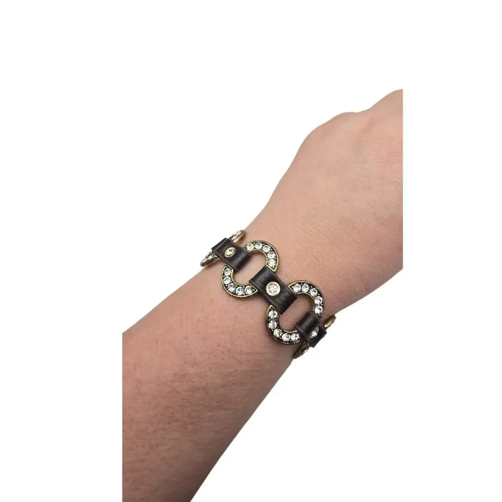 Brown Leather Rhinestone Link Bracelet Modern Western Glam